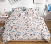 Pościel satynowa 160x200 beżowa niebieskie peonie gałązki liście