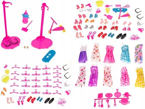 SUKIENKI DLA LALEK + AKCESORIA GADŻETY UBRANKA WÓZEK MEGA ZESTAW 125 SZT na Arena.pl
