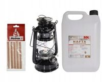 Zestaw: Lampa naftowa czarna, knoty, nafta 5 l