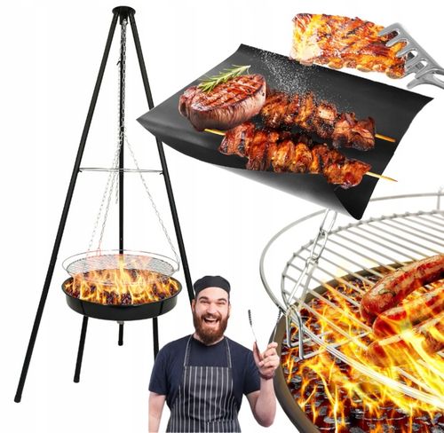 GRILL OGRODOWY WISZĄCY PALENISKO TRÓJNÓG DUŻY 50CM RUSZT + MATY WĘGLOWY na Arena.pl