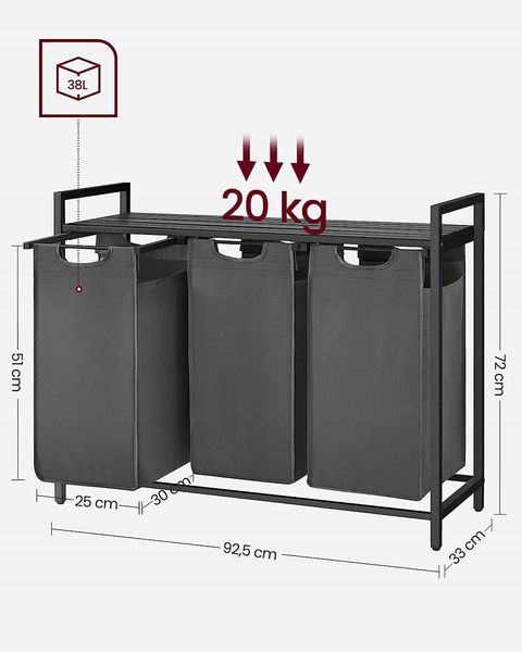 Kosz na pranie szary loft trzykomorowy 114 l MDF i stal zdjęcie 3