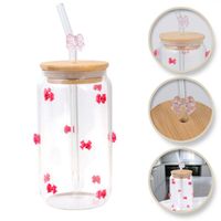 szklanka, różowe kokardki z cyrkoniami  pokrywką 460 ml - szk135