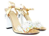 Złote sandałki z kamykami na słupku 36