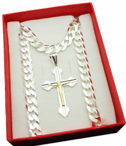 Gruby Srebrny Łańcuszek splot Pancerka +Krzyżyk na Arena.pl