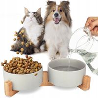 MISKA CERAMICZNA PODWÓJNA DLA PSA I KOTA 2 MISKI DREWNIANA PODSTAWA 2x400ml