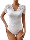 Body damskie koronkowe eleganckie krótki rękaw białe dekolt V-neck S