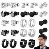 KOLCZYKI MĘSKIE STAL CHIRURGICZNA 12 PAR CZARNE SREBRNE KÓŁKA CYRKONIE