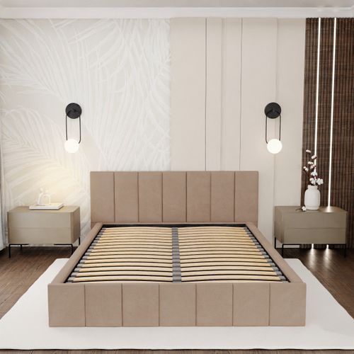ŁÓŻKO TAPICEROWANE DO SYPIALNI 140x200 ŁÓŻKO PREMIUM Z POJEMNIKIEM BEŻOWE na Arena.pl