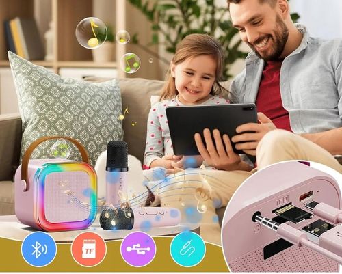 GŁOŚNIK PRZENOŚNY ZESTAW DO KARAOKE RGB BLUETOOTH 2 MIKROFONY USB JACK PINK na Arena.pl