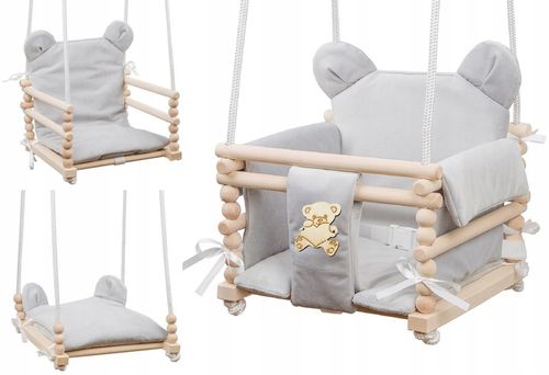 Huśtawka dla dziecka 3w1 z drewna z oparciem 6m+ do domu ogrodu Beżowa na Arena.pl