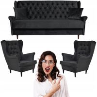 CZARNY zestaw wypoczynkowy welurowy USZAK wersalka z fotelami