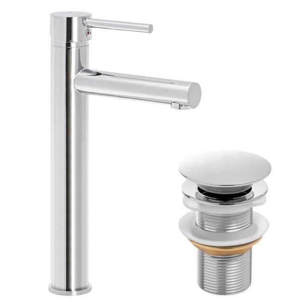 Zestaw wysoka bateria umywalkowa stojąca i korek klik-klak chrom - Yoka zdjęcie 1