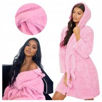 Szlafrok Damski Ciepły Miękki Gruby z Kapturem RÓŻOWY Wiązany Zimowy