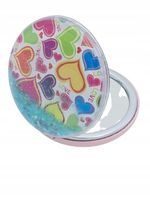 Lusterko kieszonkowe okrągłe podwójne brokat serduszka 7cm wielokolorowe