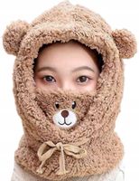 Czapka Komin Ciepła Kaptur Damski Z Misiem Uszy