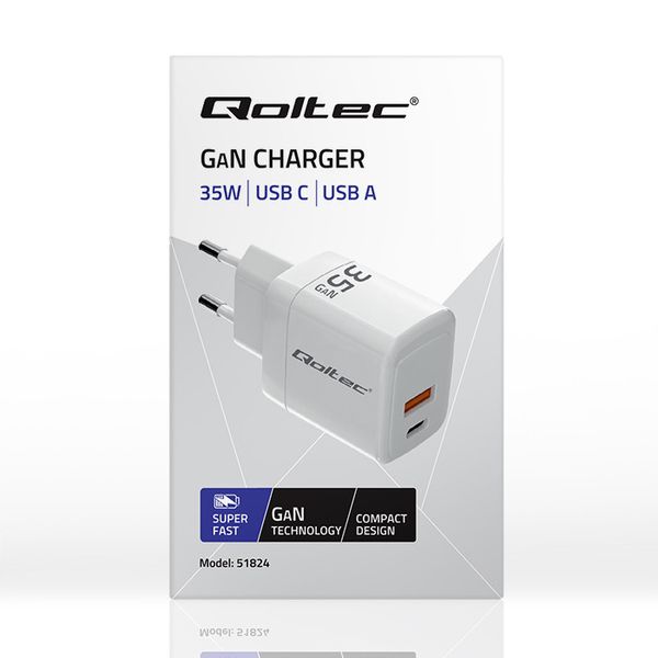 Qoltec Ładowarka sieciowa 35W GaN 5-20V 1.5-3A 1 x USB-C PD 1 x USB QC 3.0 zdjęcie 8