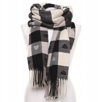 Szal Ciepły z Frędzlami w Kratę z Serduszkami Elegancki Modny MORAJ