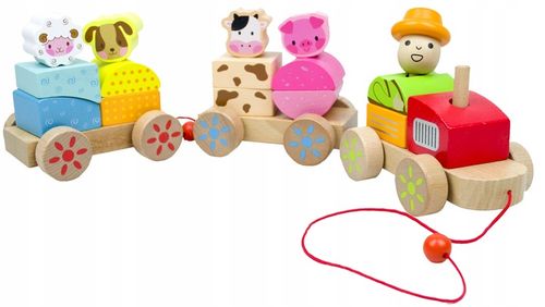 LT333 NOWY DREWNIANY POCIĄG Z WAGONAMI I KLOCKAMI WIEJSKA SCENERIA na Arena.pl