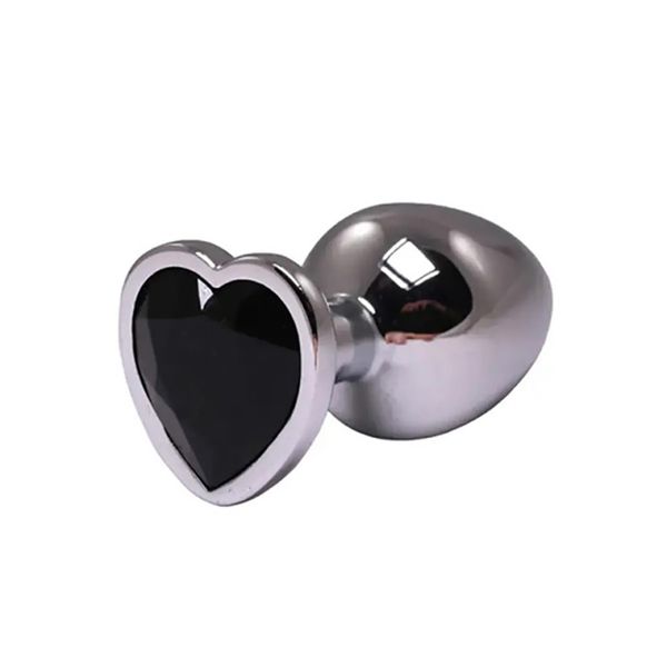 Silver Small Heart-Shaped Butt Plug With Black Crystal zdjęcie 1