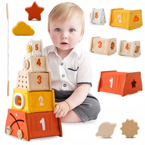 Drewniana piramidka edukacyjna Montessori sorter kształtów, labirynt, cyfry na Arena.pl
