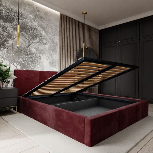 ŁÓŻKO TAPICEROWANE DO SYPIALNI 180x200 ŁÓŻKO PODWÓJNE Z POJEMNIKIEM BORDOWE na Arena.pl