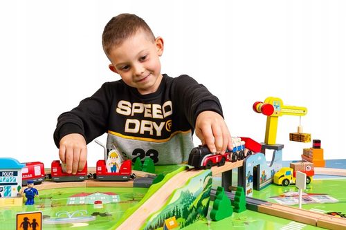 OGROMNA DREWNIANA KOLEJKA ELEKTRYCZNA 2x POCIĄG na baterie TOR MIASTO DŹWIG na Arena.pl