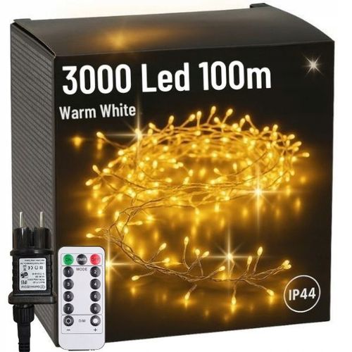 Lampki świąteczne drucik 3000 Led 100m IP44 Biały ciepły + pilot na Arena.pl