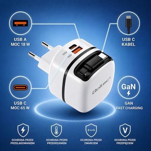 Qoltec Ładowarka GaN 65W USB-C PD/PPS na Arena.pl
