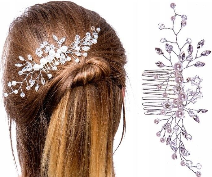 Do Włosów Srebrny Grzebyk Ozdoba Perełki Kryształy zdjęcie 1