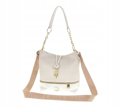 Laura Biaggi torebka worek karabińczyk kokarda biały struktura płótna A533 na Arena.pl