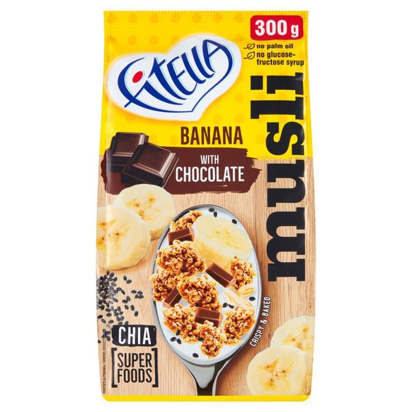 Fitella Musli chrupkie bananowe z kawałkami czekolady i nasionami chia 300g zdjęcie 1