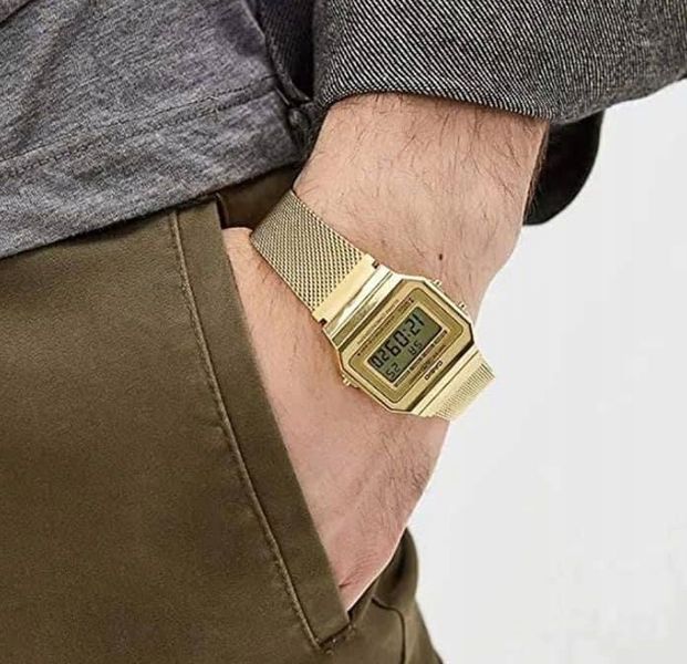 MODNY ZŁOTY ZEGAREK CASIO VINTAGE DIGITAL A700WEMG-9AEF RETRO GOLD MESH zdjęcie 4