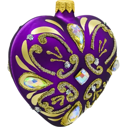 Bombka choinkowa szklaSerce ze złotymi zdobieniami i kryształami: purpurowe na Arena.pl