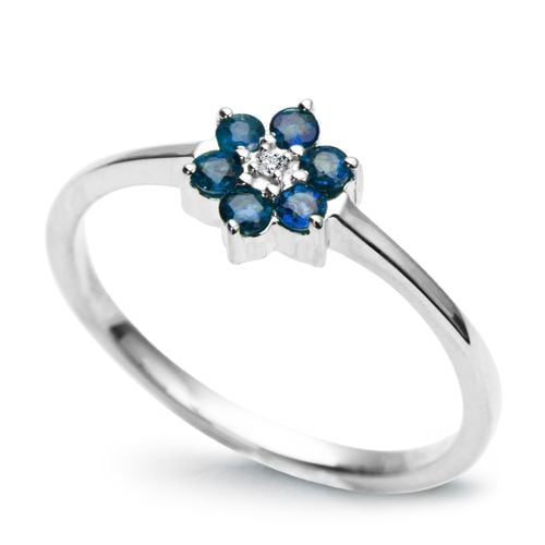 śliczny pierścionek kwiatek z szafirami i diamentem w białym złocie 13 na Arena.pl