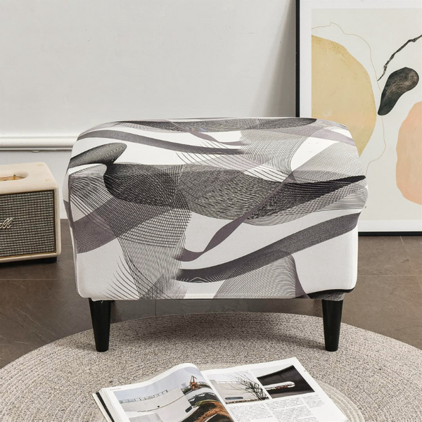 POKROWIEC NA PODNÓŻEK PUF ELASTYCZNY GŁADKI GRAFIKA FALE LINIE BIAŁY zdjęcie 3