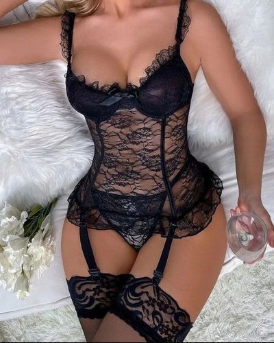 BIELIZNA NOCNA SEKSOWNY GORSET + STRINGI ROZM. M CZARNY PREZENT WALENTYNKI na Arena.pl