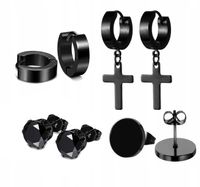 KOLCZYKI MĘSKIE STAL CHIRURGICZNA 4 PARY CZARNE KÓŁKA KRZYŻYKI ZESTAW