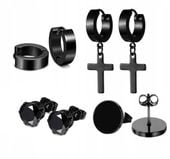 KOLCZYKI MĘSKIE STAL CHIRURGICZNA 4 PARY CZARNE KÓŁKA KRZYŻYKI ZESTAW