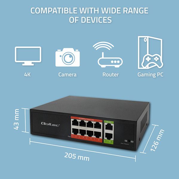 Qoltec Switch PoE 8+2 RJ45 Fast Ethernet 120W zdjęcie 2