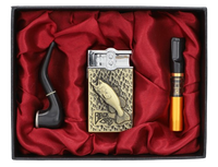 Złota Zapalniczka Gazowa dla Fana Ryb W Zestawie z Cygarniczką i Fajką