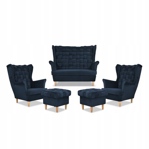 Zestaw wypoczynkowy Carol sofa fotele pufy paski granatowy na Arena.pl