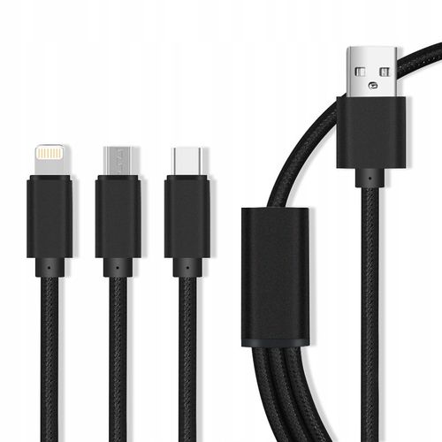 Kabel USB 3w1 micro USB Lightning USB-C nylon 2A na Arena.pl