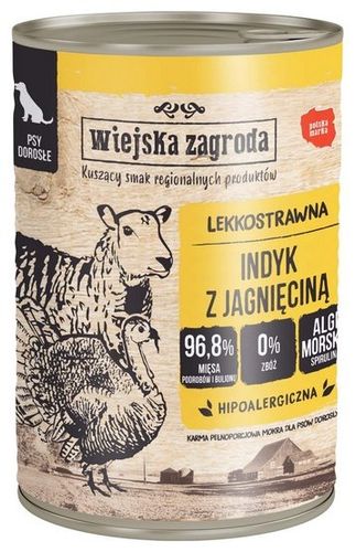 Zdrowa karma dla psa bez glutenu i GMO Wiejska Zagroda Indyk i Jagnię 400g na Arena.pl