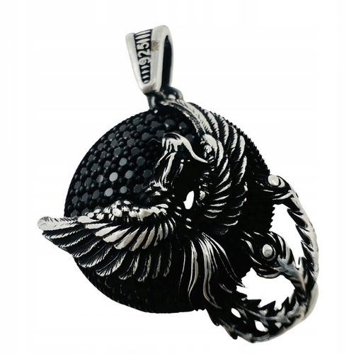 Męska zawieszka medalion na łańcuszek Fenix na tle czarnych kamieni, srebro na Arena.pl