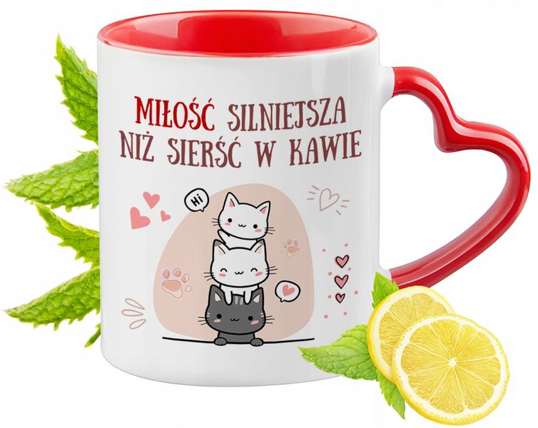 Kot Kotki Kubek Czerwony Z Uszkiem W Kształcie Serca Na Prezent zdjęcie 1