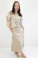 Elegancki Komplet Bluzka i Spódnica w Kwiaty Beżowy UNI