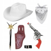 KAPELUSZ KOWBOJ BIAŁY BANDAMA REWOLWER KABURA + NASZYJNIK SZERYF GWIAZDA