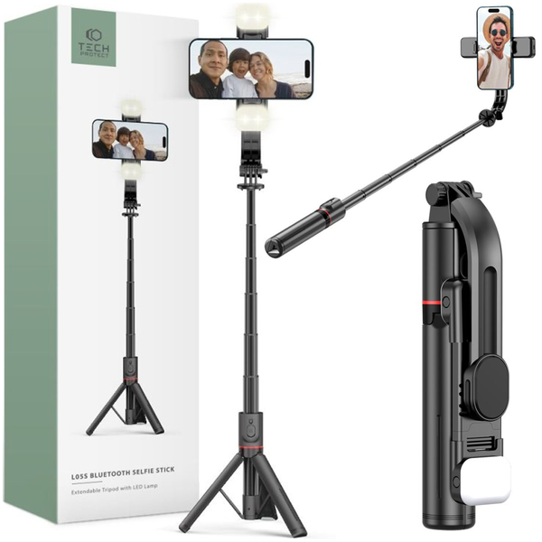TECH-PROTECT L05S BLUETOOTH SELFIE STICK TRIPOD & LED LIGHT BLACK zdjęcie 1