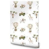 Tapeta Flizelinowa Dla Dzieci Dzikie ZWIERZĘTA Safari Balony Drzewa Natura