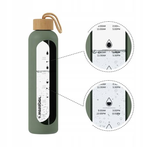 Wessper B1 Borosilicate 500 ml Szklana butelka na wodę z miarką motywacyjną z oliwkowym etui na Arena.pl